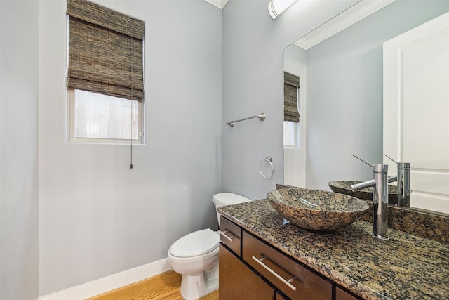 bathroom with hardwood / wood-style flooring, vanity, and toilet