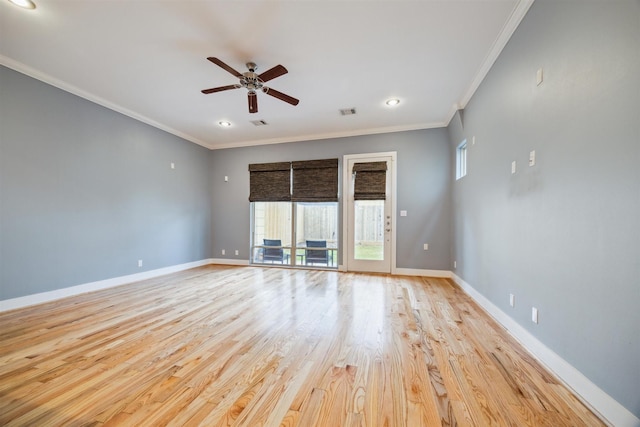 unfurnished room featuring ornamental molding, ceiling fan, and light hardwood / wood-style floors