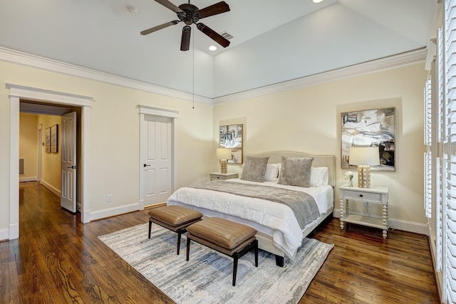 bedroom with dark wood-type flooring, ceiling fan, ornamental molding, and high vaulted ceiling