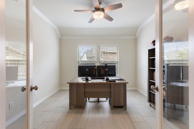 home office with ceiling fan, ornamental molding, and french doors