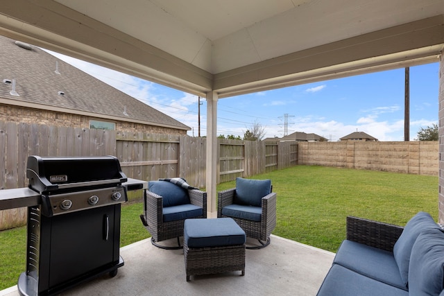 view of patio / terrace featuring a grill and an outdoor hangout area