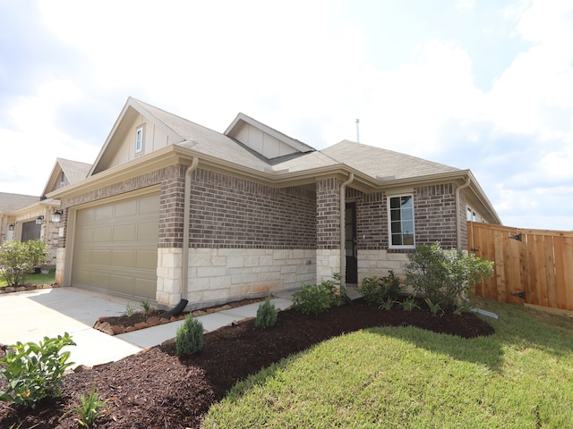 597 Copper Springs Dr, Magnolia, TX 77354 - ranch-style house with an attached garage, concrete driveway, brick siding, and board and batten siding