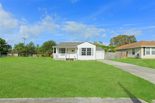 ranch-style home with a porch and a front lawn