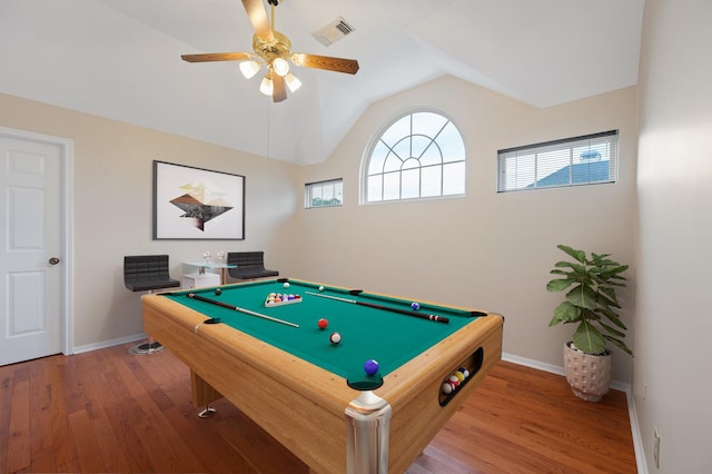 rec room with lofted ceiling, hardwood / wood-style flooring, ceiling fan, and billiards