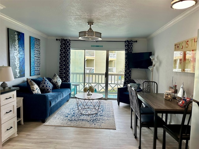 living room with light wood-type flooring, crown molding, and a textured ceiling