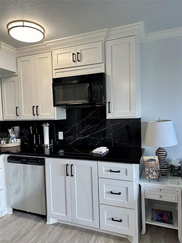 kitchen with white cabinets, dishwasher, light hardwood / wood-style floors, tasteful backsplash, and crown molding