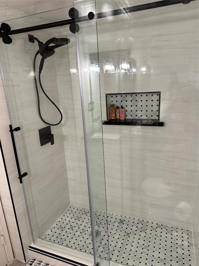 bathroom featuring a shower with shower door