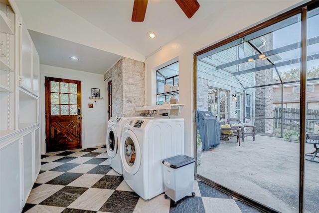 laundry area featuring ceiling fan, independent washer and dryer, and plenty of natural light