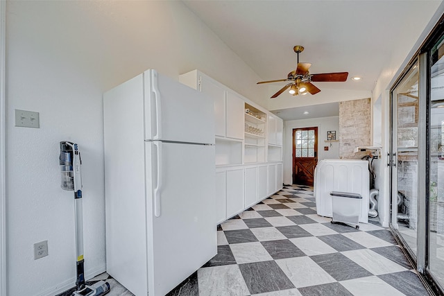 kitchen with white cabinets, white refrigerator, built in shelves, and ceiling fan