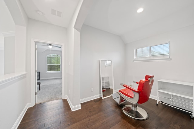 living area with ceiling fan, lofted ceiling, and dark hardwood / wood-style floors