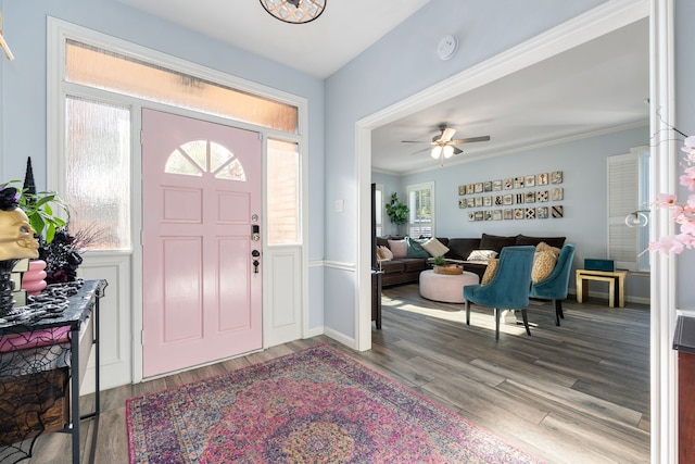 foyer entrance with ceiling fan, crown molding, and wood-type flooring