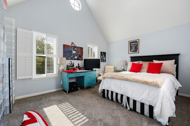 carpeted bedroom featuring high vaulted ceiling