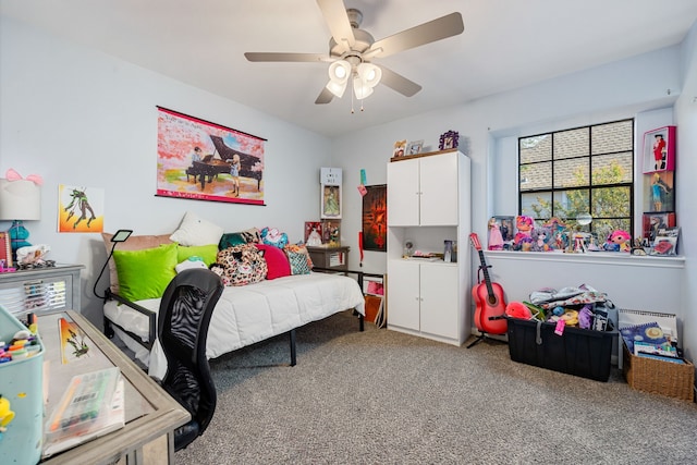 carpeted bedroom with ceiling fan