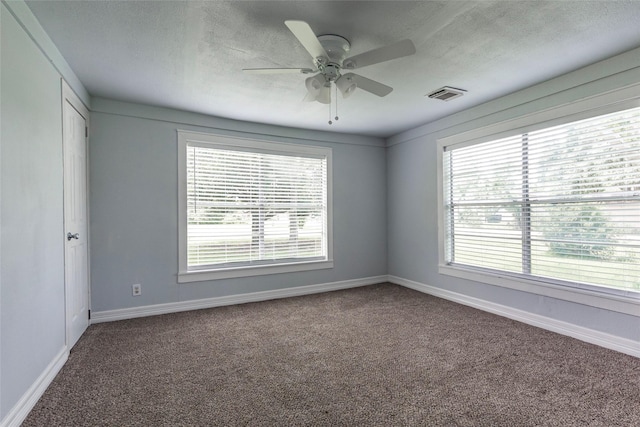 carpeted spare room with ceiling fan and a wealth of natural light