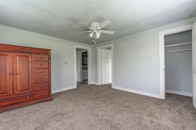 unfurnished bedroom featuring a closet, ceiling fan, and light carpet