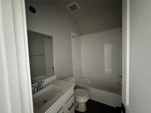 bathroom with bathtub / shower combination, visible vents, toilet, and vanity