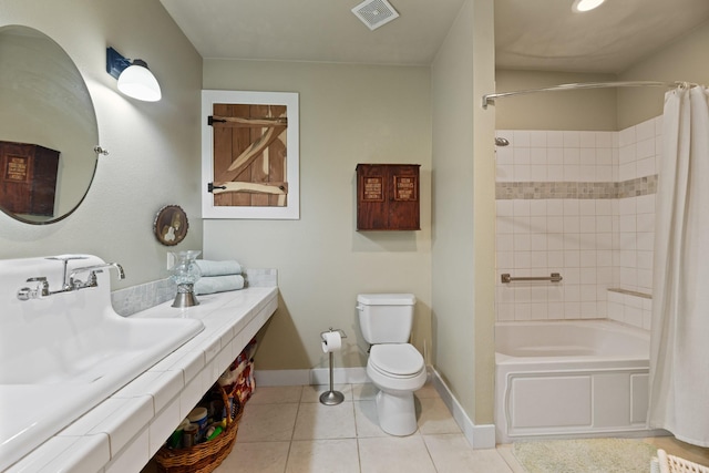 full bathroom with shower / tub combo, sink, toilet, and tile patterned flooring