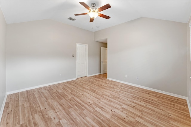 unfurnished room featuring ceiling fan, light hardwood / wood-style flooring, and vaulted ceiling