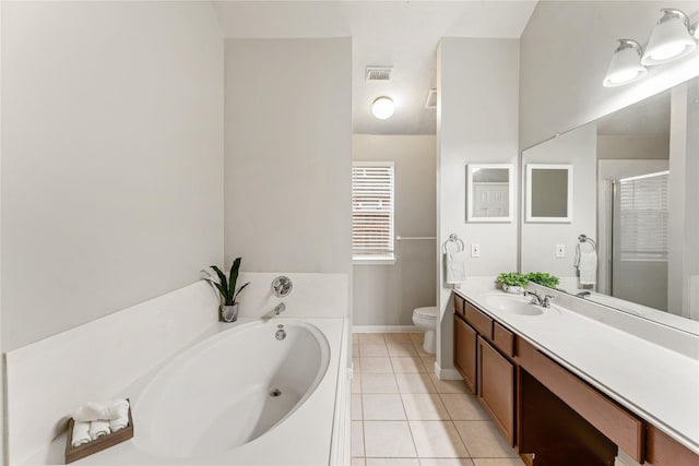 full bathroom with a textured ceiling, tile patterned flooring, toilet, vanity, and plus walk in shower