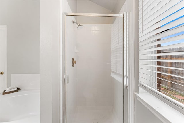 bathroom featuring a shower with door and a healthy amount of sunlight