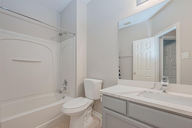 full bathroom with toilet, shower / washtub combination, tile patterned floors, a skylight, and vanity