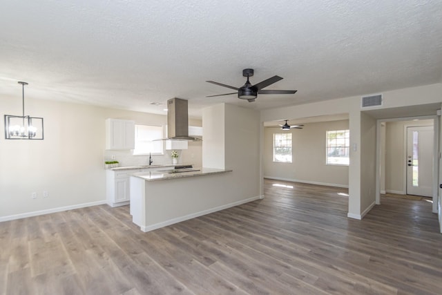 kitchen with white cabinets, island exhaust hood, backsplash, and wood-type flooring