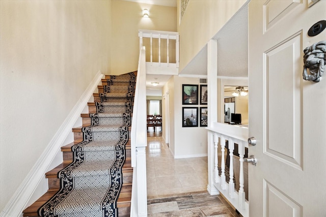 entryway featuring ceiling fan and light wood-type flooring