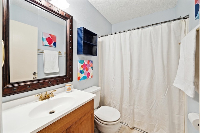 bathroom featuring walk in shower, vanity, toilet, and a textured ceiling