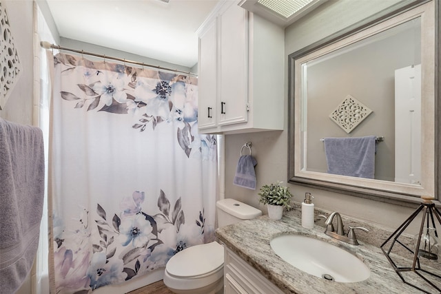 full bathroom featuring shower / bath combo, vanity, and toilet