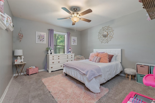 bedroom featuring ceiling fan and light colored carpet