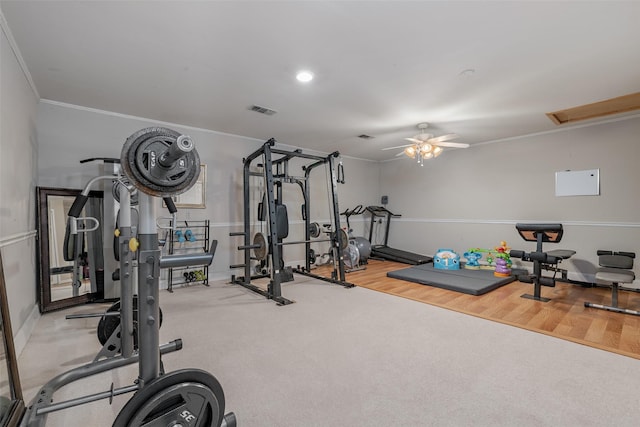 exercise area featuring ceiling fan, crown molding, and wood-type flooring