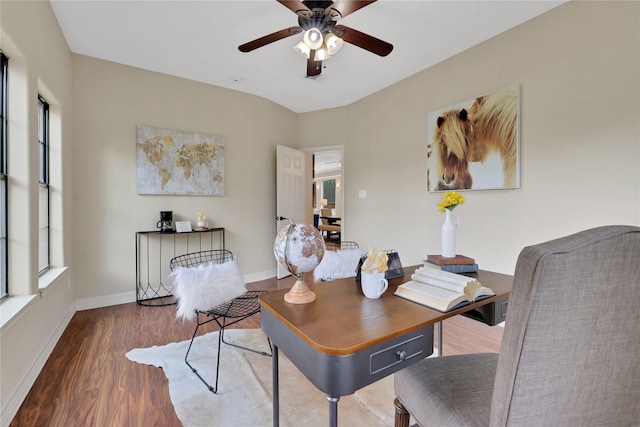 office with ceiling fan and wood-type flooring