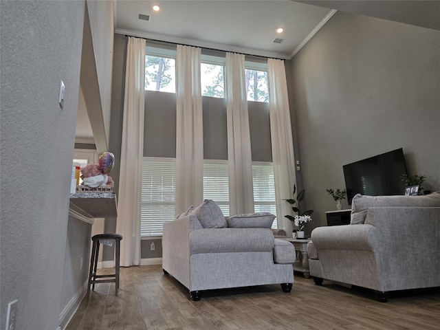 living room featuring ornamental molding and hardwood / wood-style floors