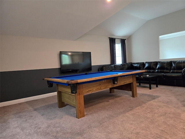 recreation room with billiards, carpet, and lofted ceiling