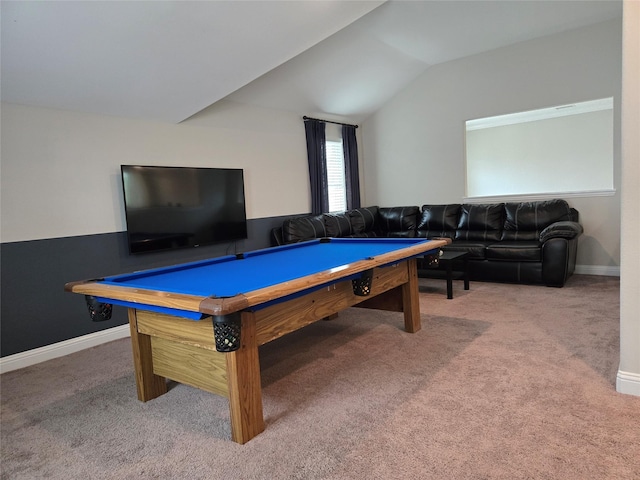 rec room featuring billiards, lofted ceiling, and carpet flooring