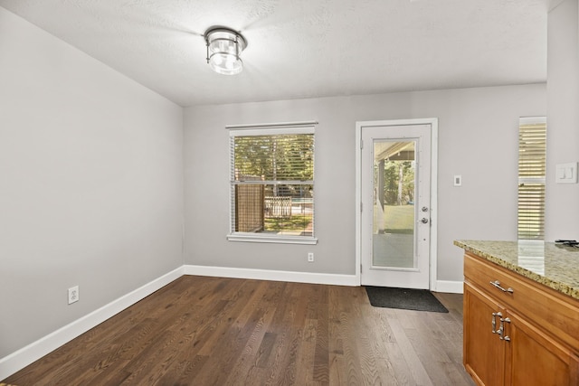 doorway to outside with a textured ceiling and dark hardwood / wood-style flooring