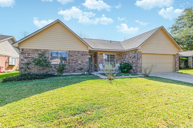 ranch-style house featuring a front lawn and a garage