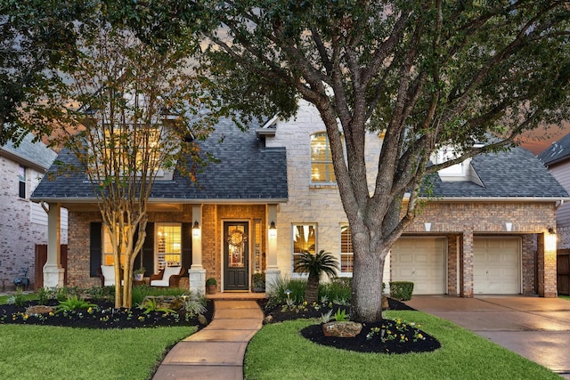 view of front of property with covered porch, a front lawn, and a garage