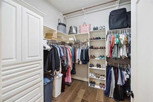 walk in closet with dark hardwood / wood-style floors