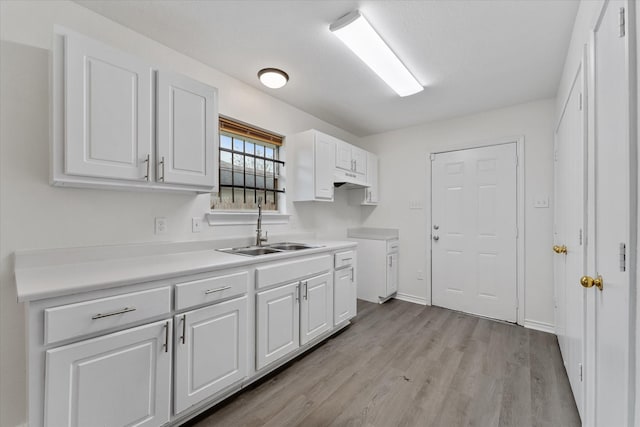 kitchen with sink, light hardwood / wood-style flooring, and white cabinetry