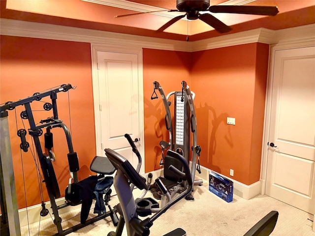 workout area with ceiling fan, ornamental molding, and light carpet