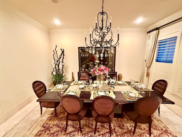 dining room with an inviting chandelier and crown molding