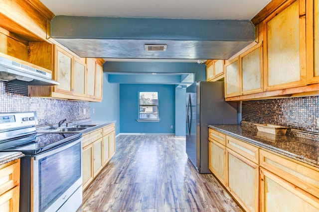 kitchen with appliances with stainless steel finishes, light wood-type flooring, dark stone counters, decorative backsplash, and sink