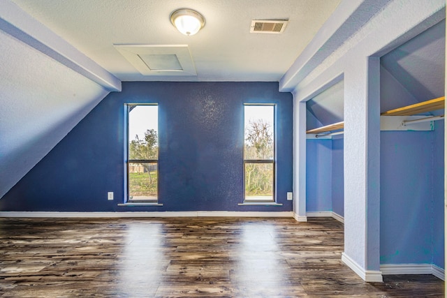 additional living space featuring plenty of natural light, lofted ceiling, and dark hardwood / wood-style floors