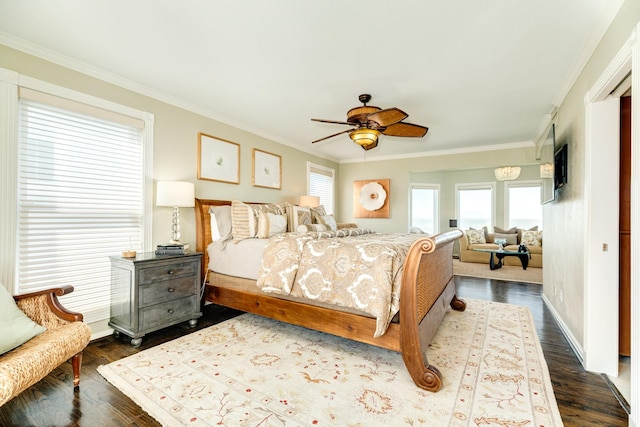 bedroom with ceiling fan, crown molding, and wood-type flooring