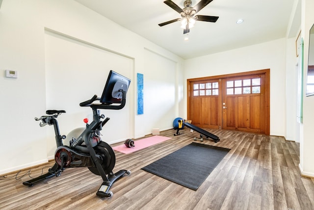 workout area featuring ceiling fan and hardwood / wood-style flooring