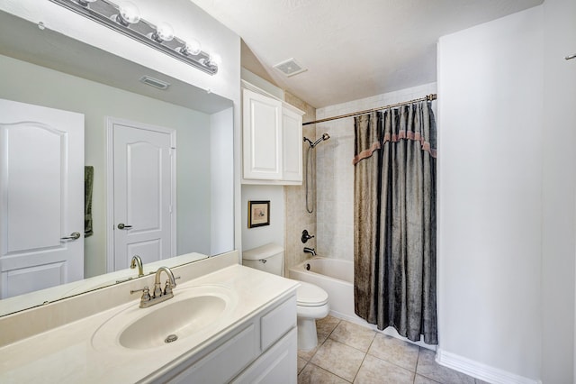 9051 Forest Cliff Ct, Conroe, TX 77302 - full bath with vanity, toilet, shower / bathtub combination with curtain, and tile patterned flooring