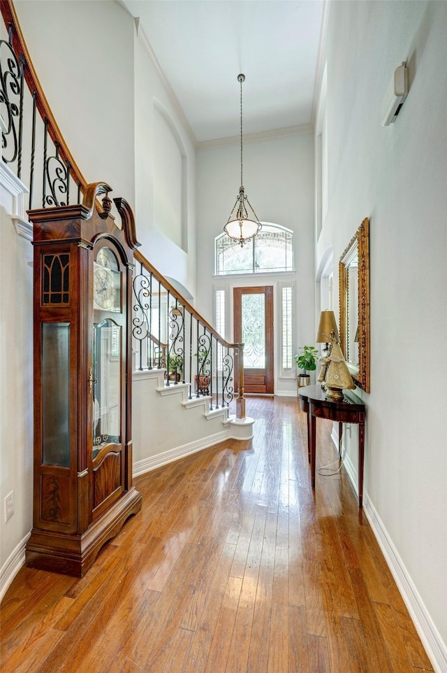 foyer entrance with a high ceiling, crown molding, and wood-type flooring