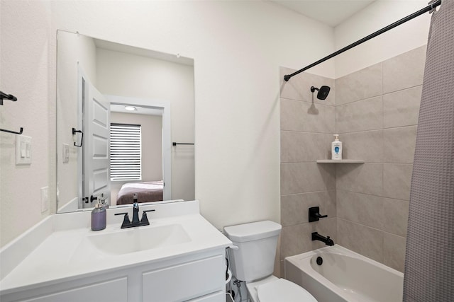 full bathroom with toilet, vanity, and shower / bath combination with curtain