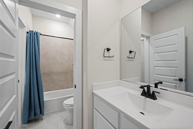 full bathroom with toilet, vanity, tile patterned floors, and shower / tub combo with curtain